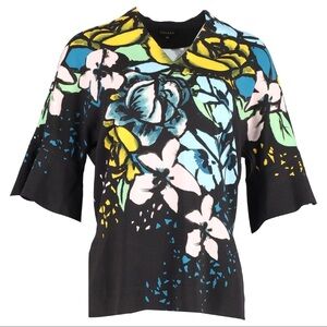Escada Floral Print Bell Sleeve Black Silk Tunic Blouse Top